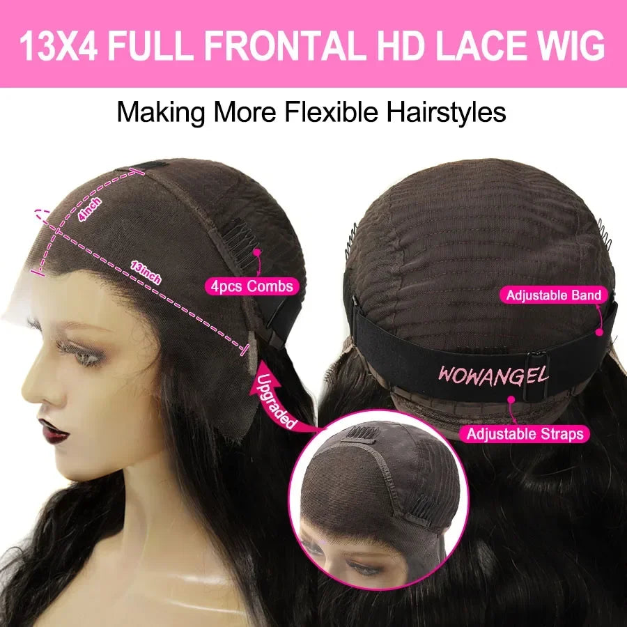 WOWANGEL HD Lace Frontal Wigs 13x4 Lace Frontal Human Hair Wig Melt Skins 250% Full Frontal Wigs Silky Straight Wigs For Woman