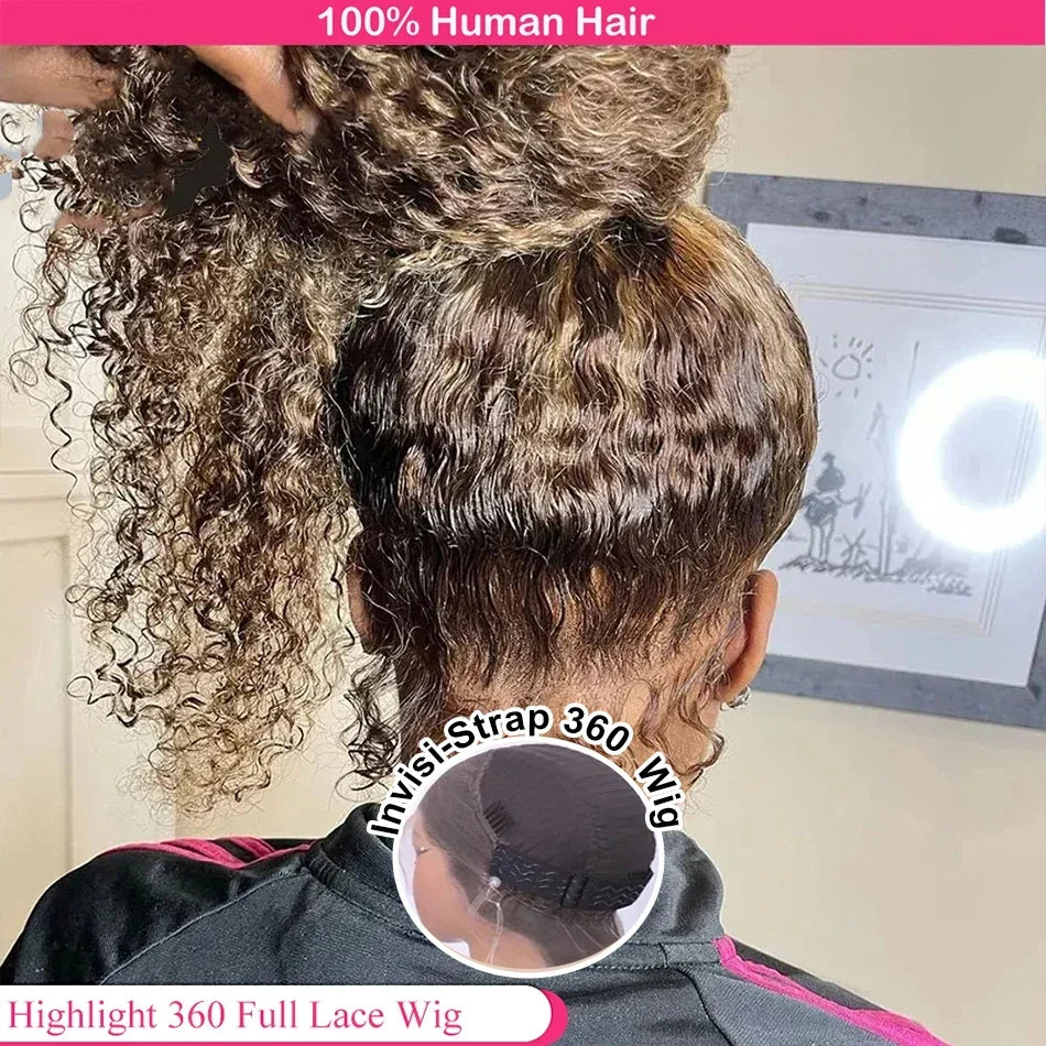 Highlight Invisible Strap HD 360 Full Lace Wig Drawstring Human Hair Wigs P4/27 360 Lace Front Wig Deep Curly Glueless Wig