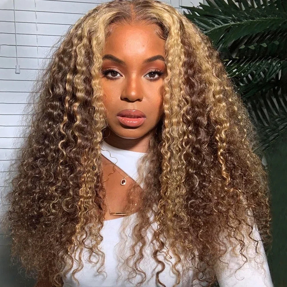 Ishow Kinky Curly Highlight Wig Human Hair Transparent 13x4 Lace Front Human Hair Wigs Pre Plucked P4 27 Colored Wig