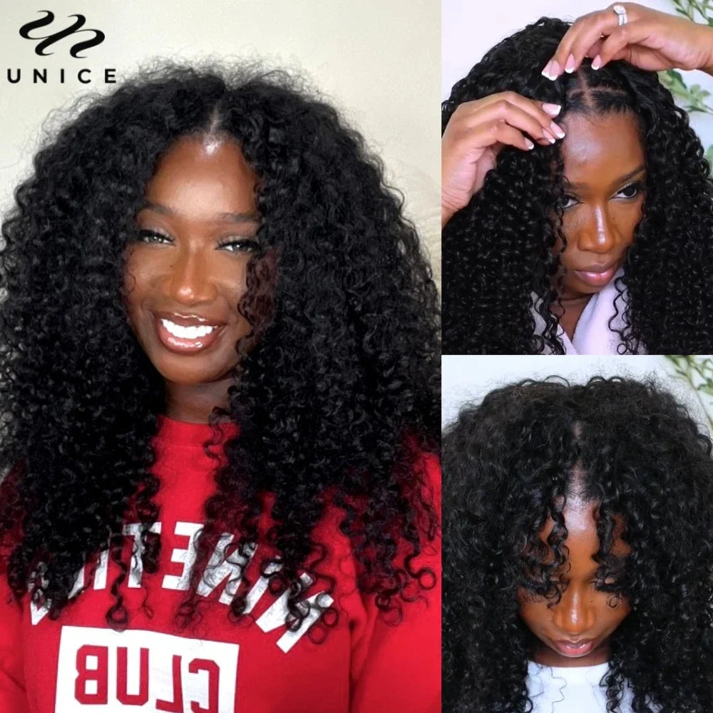 UNice Burmese Curly V Part Wig With Drawstring Clip-In Human Hair Wigs 180% Density No Glue Minimal Leave-out