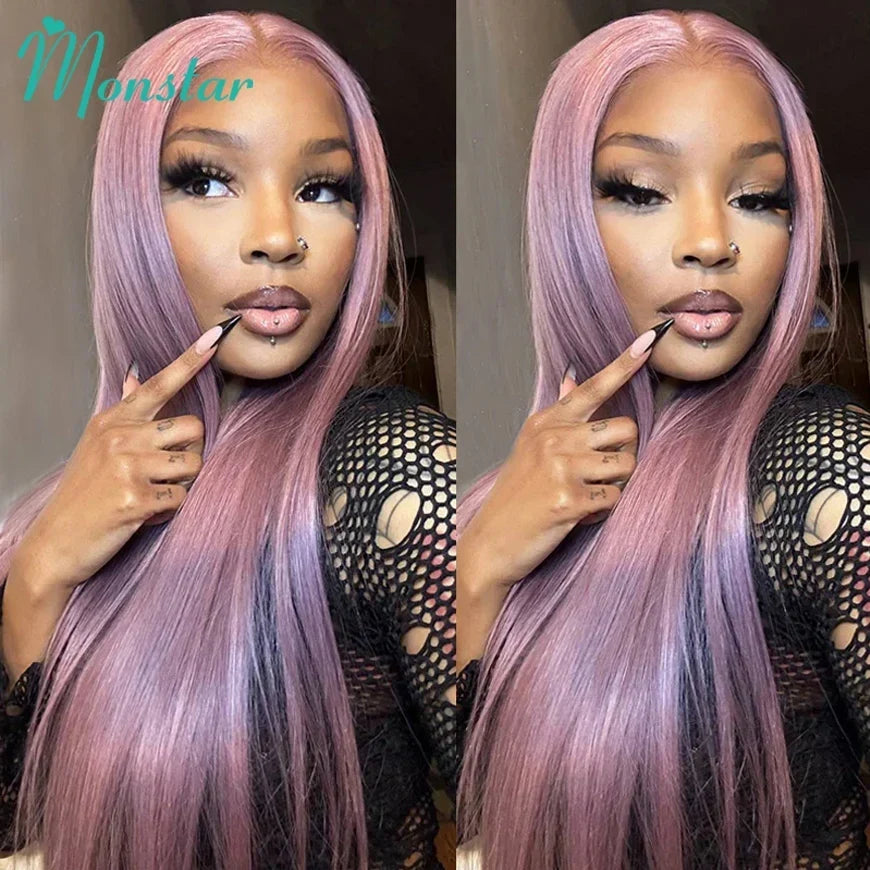 Monstar 13x6 Ash Purple HD Lace Frontal Wig Human Hair Pre Plucked Vietnamese Raw Straight Rose Gold Hair Colored Wigs For Women